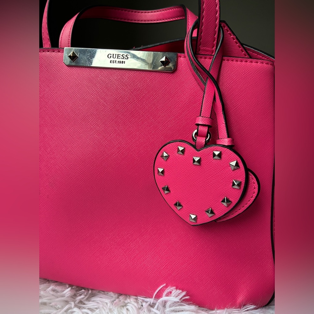 GUESS Pink Saffiano Leather Satchel with Heart Charm - Picture 2 of 14